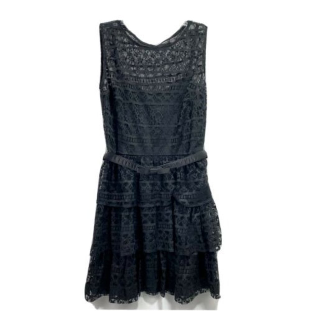 JULIO Womens Midi Lace Dress Black Boat Neck Cocktail Prom Belted Lined Size 6